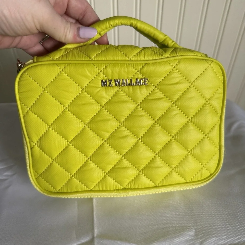 MZ WALLACE Zip Round Organizer Quilted Nylon Pouch Makeup Bag Travel Lime Green